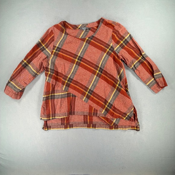 Habitat Tops - Habitat Womens Small Rust Plaid Tunic Top 3/4 Sleeve Asymmetrical Hem Artsy Boho